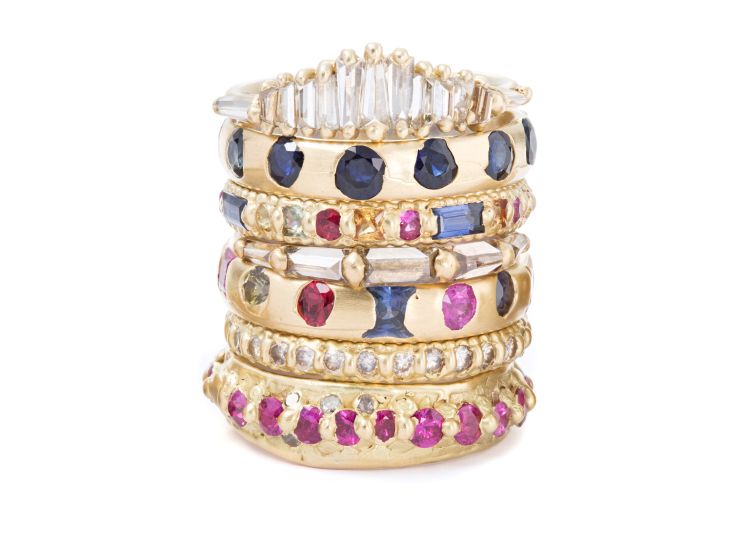 Polly Wales rings with diamonds and sapphires in 18-karat gold.