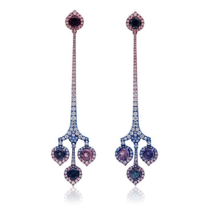 Ruchi Linear Latitude earrings in rhodium with sapphires.