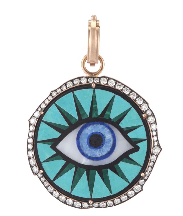 Sylva & Cie pendant in 18-karat gold with diamonds surrounding a gemstone marquetry eye of turquoise, lapis lazuli, onyx, quartz and malachite.