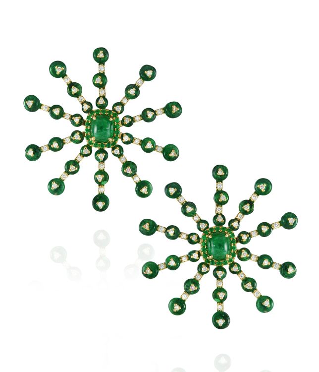 Sarah Ho London Zelda earrings with emerald.