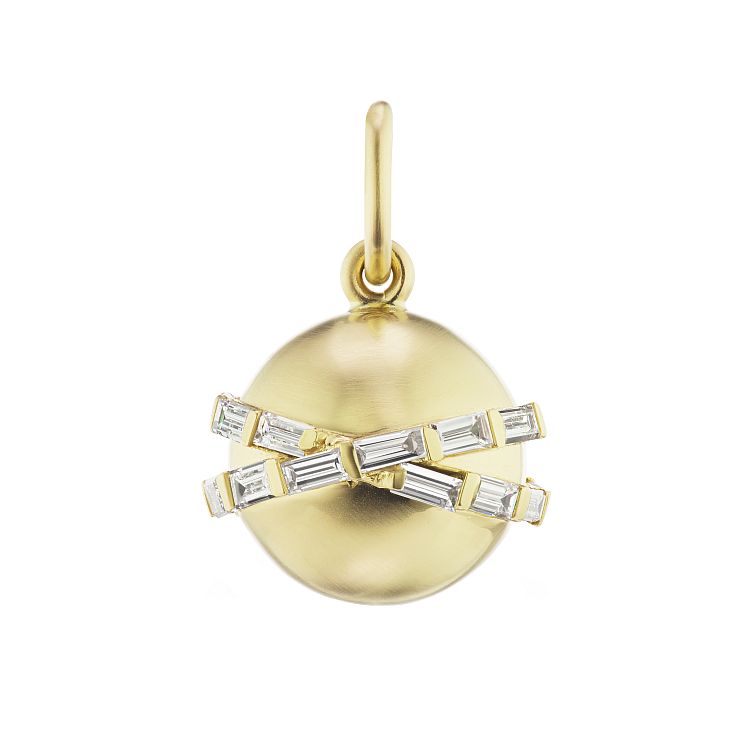 Michelle Fantaci Ball and Chain charm in 14-karat yellow gold with 1.43 carats of diamond baguettes. 