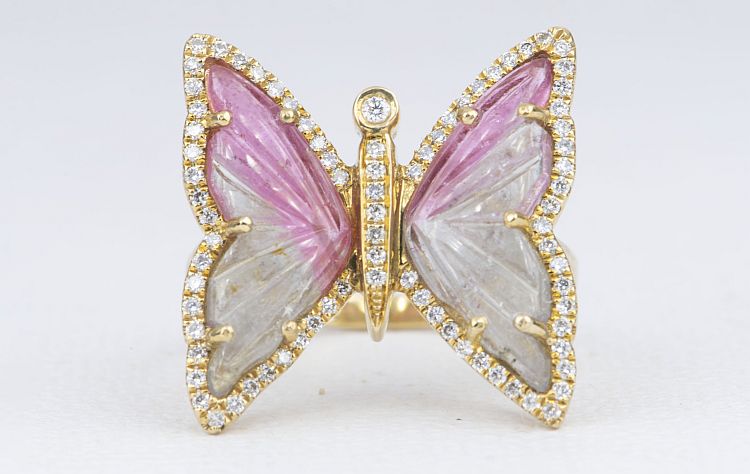 Butterfly bi-color carved tourmaline and diamond halo ring by Aurora Designers. 