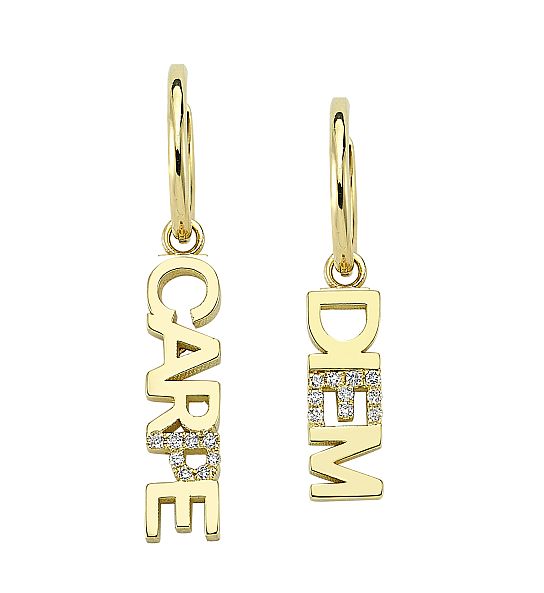 Own Your Story huggie hoops with removable word charms in 14-karat yellow gold with white diamonds, sold separately. 