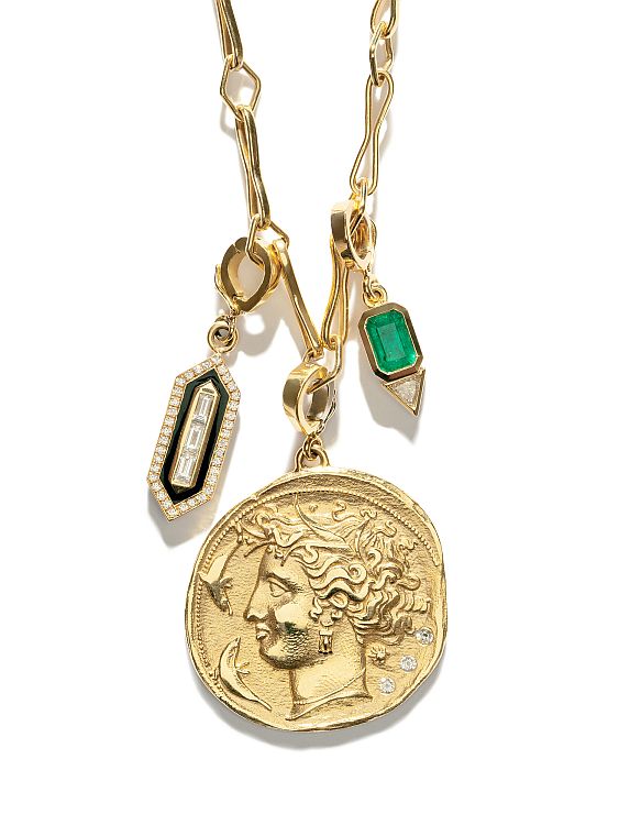 Azlee Goddess coin pendant with triple baguette diamond and emerald trillion charms.