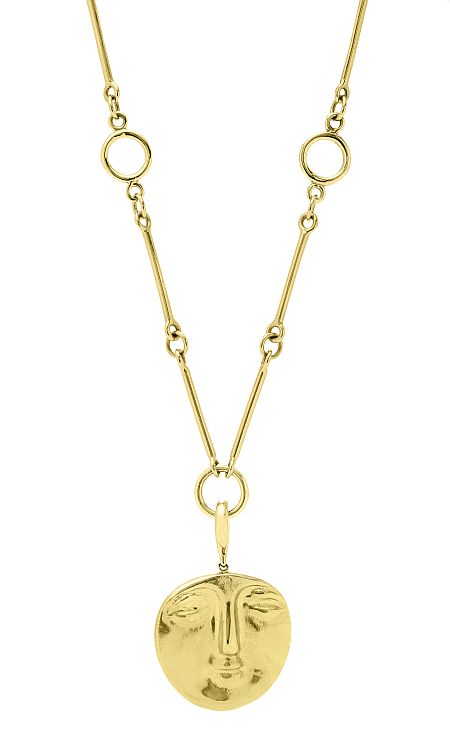 Rush Jewelry Design Signature Harriet Face 18-karat yellow gold pendant and chain. 