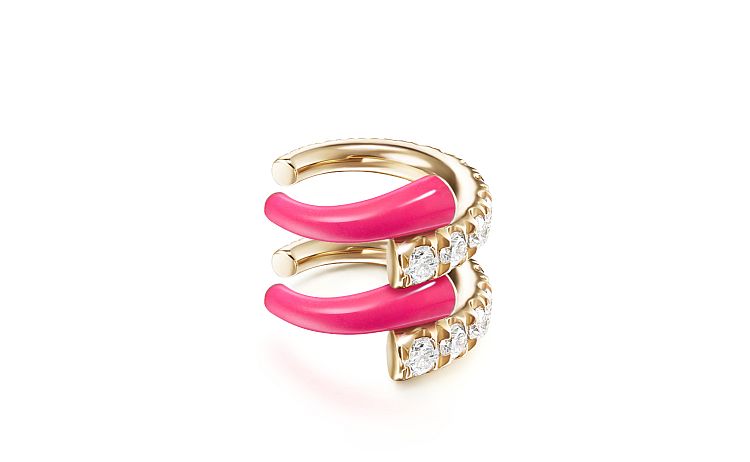 Melissa Kaye Lola double ear cuff in 18-karat yellow gold with diamonds and neon-pink enamel. 