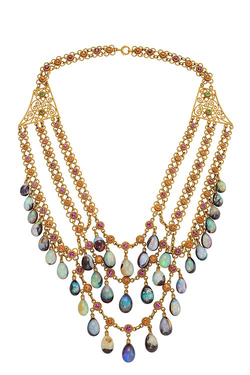 Art Nouveau boulder opal and multi-colored garnet necklace. Image: Antonio Virardi for the Macklowe Gallery. 