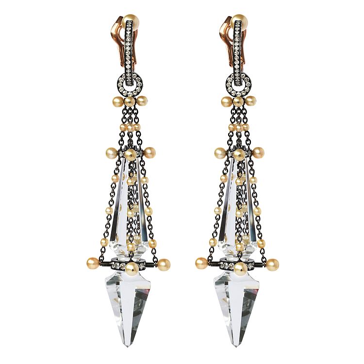 Nadia Morgenthaler gold and silver earrings with natural pearls, rock crystal, and diamonds. 