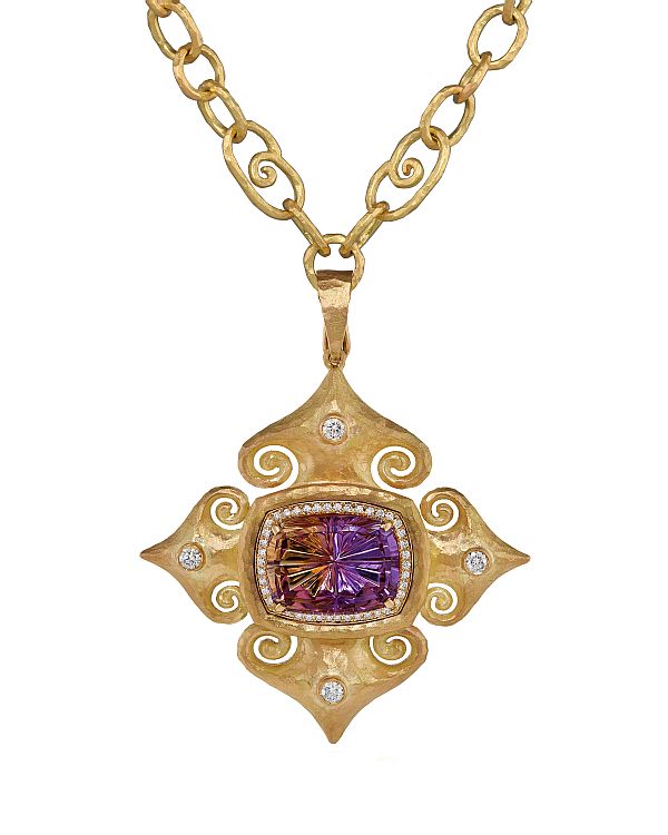 Pamela Froman Fine Jewelry 18-karat yellow gold stylized Maltese Cross pendant featuring a Bolivian John Dyer Starbrite-cut 9.85-carat ametrine, with diamonds. 