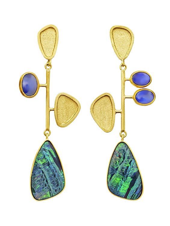Rush Jewelry Design Kinetic Drop Earrings With Opal and Blue Sapphire