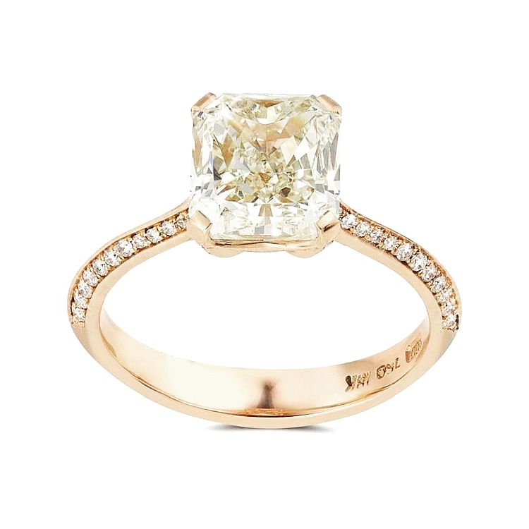 Nigel O'Reilly Polaris 18-karat rose gold engagement ring set with a radiant-cut, 3.06-carat diamond and a pavé diamond undercarriage.