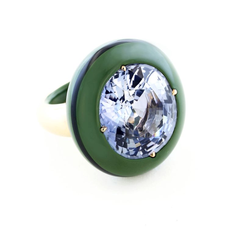 Taffin pastel violetish- blue sapphire, olive green ceramic, light slate grey ceramic, and 18-karat rose gold ring.
