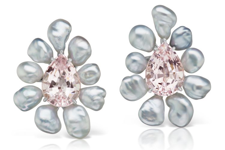 Flower earrings with South Sea keshi pearls and pear-shaped morganites in 18-karat white gold by Assael.