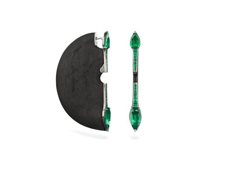 Fabio Salini gold earrings with carbon fiber and  emeralds. 