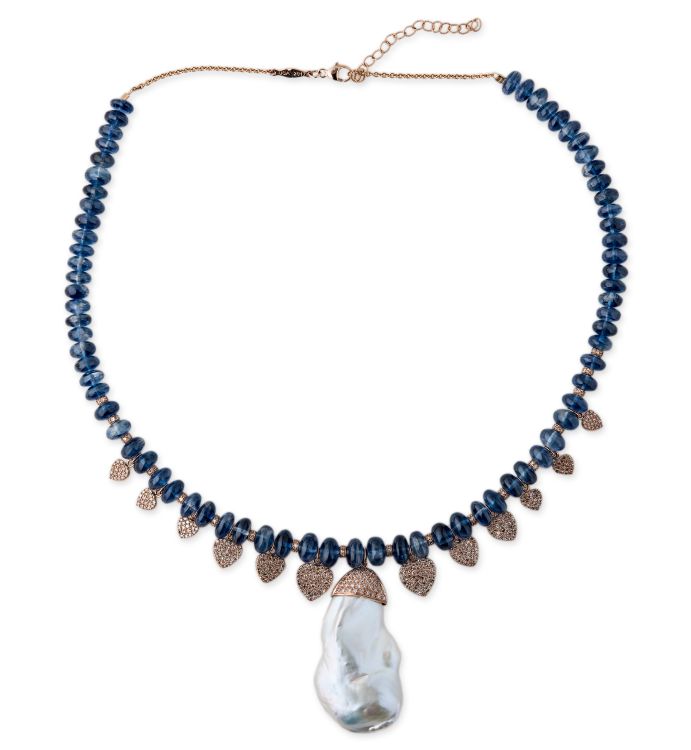 Kyanite beaded necklace with a large baroque pearl and diamond pavé hearts in 14-karat gold by Jacquie Aiche.
