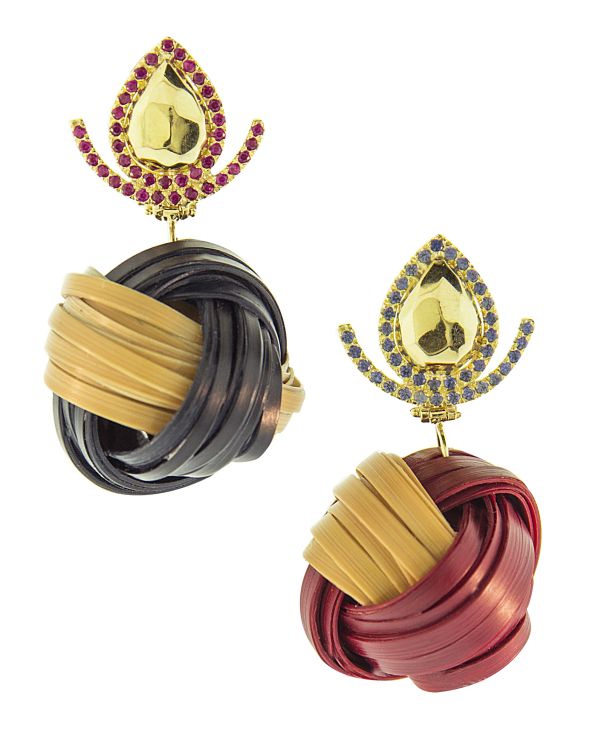 Silvia Furmanovich earrings in 18-karat gold with ruby, blue sapphire and bamboo.