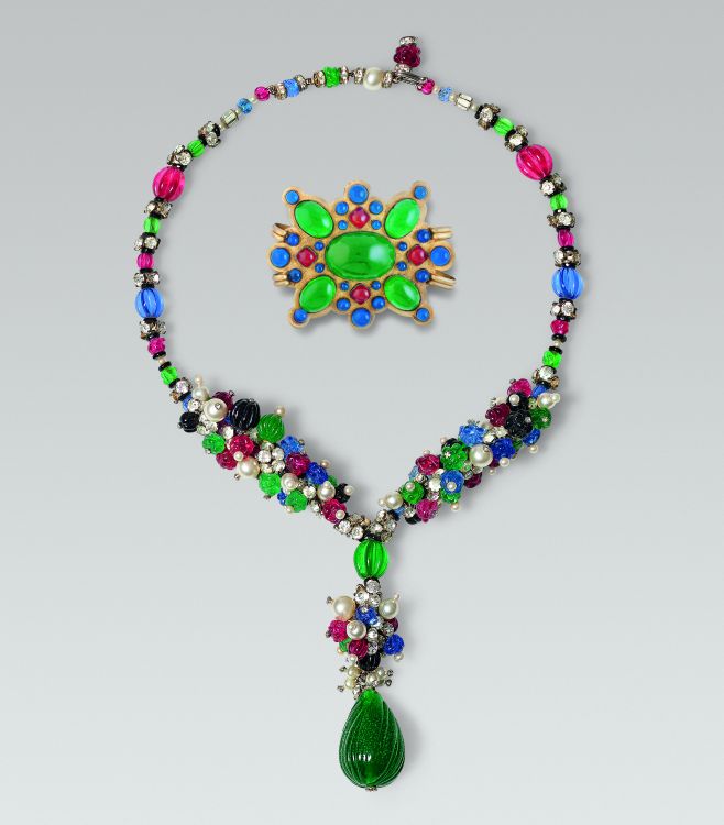 Necklace with teardrop pendant, Chanel, late 1930s, and buckle attributed to Chanel, circa 1935.