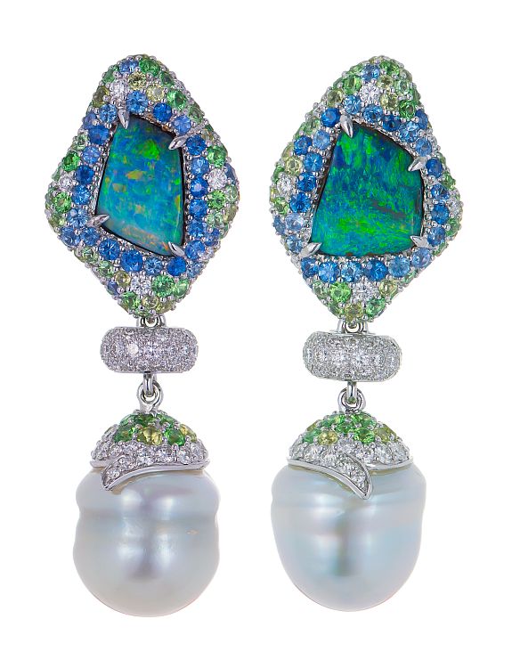 Margot McKinney Australian Opal and South Sea pearl drop earrings featuring boulder opals totaling 6.56 carats enhanced with diamonds, sapphires, peridot and sapphires with 14mm Australian pearl drops crafted in 18 karat white gold