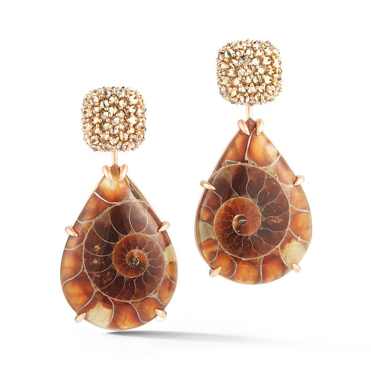 Parulina 18K rose gold ammonite detachable drop earrings with white diamonds 