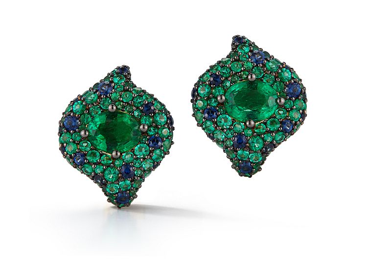 Parulina 18k white and blackened gold earrings with emeralds and blue sapphires 