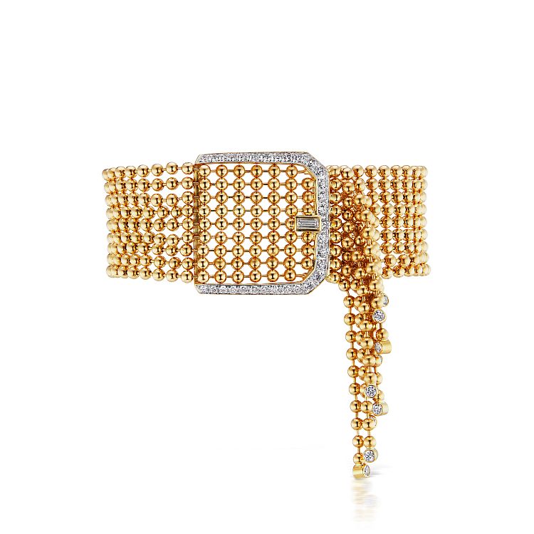 Maria Canale Flapper buckle bracelet with 18-karat gold bead chain and diamonds.