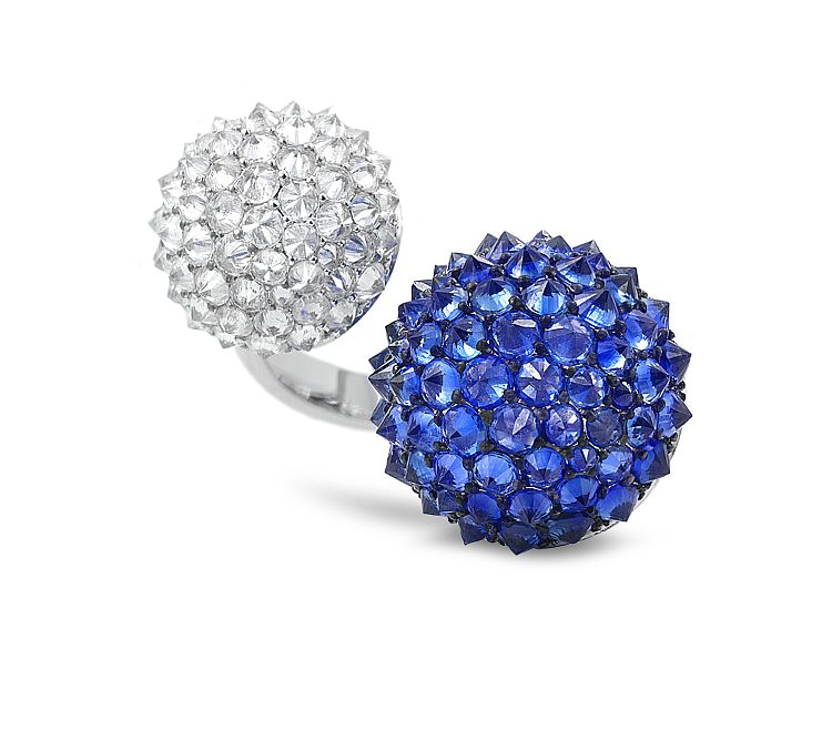 Nam Cho Double Spike ring in 18-karat white gold with inverse-set sapphires and diamonds.