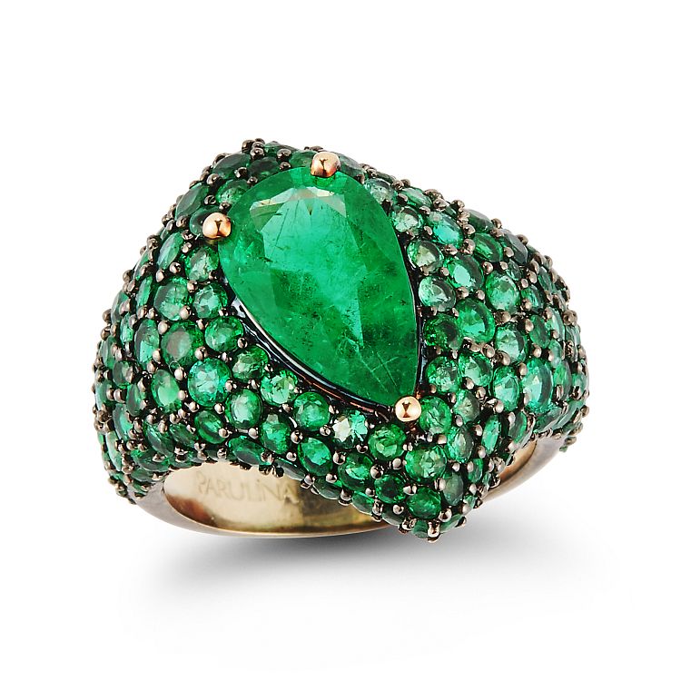 Parulina 18K white and blackened gold pear shaped ring with emeralds