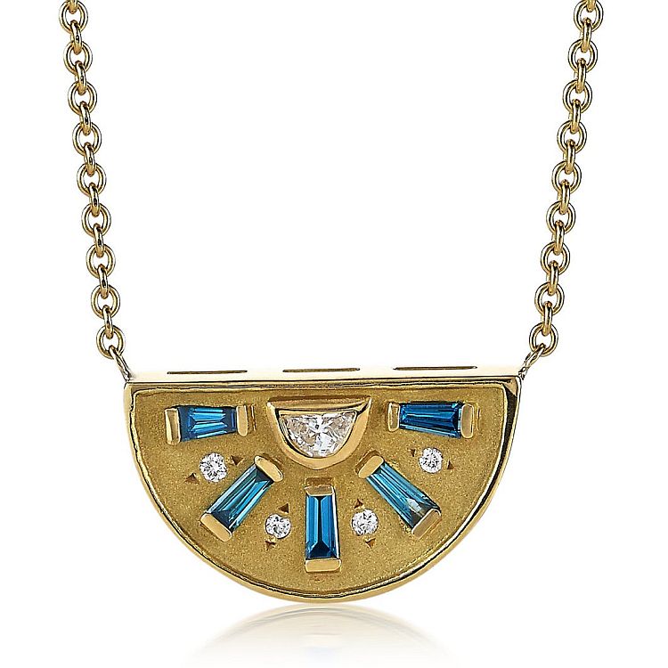 Theresa Kaz Sunrise Reflection 18-karat gold necklace with a half moon white diamond surrounded by blue diamond tapered baguettes. 