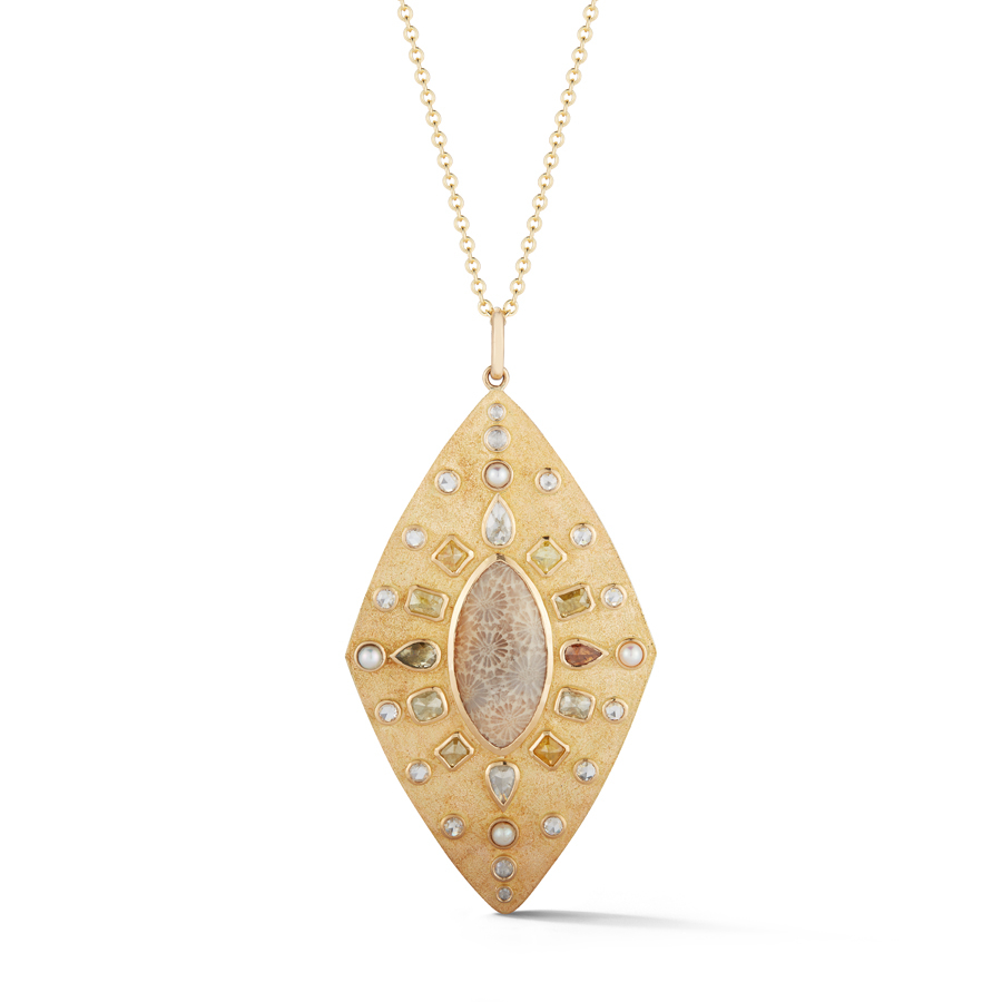Parulina 18K yellow gold and fossilized coral pendant with pearls and multi colored diamonds