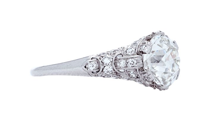 Smith Gardens antique Art Deco (circa 1920) platinum and diamond engagement ring centering a 2.19cts Old European Cut diamond. From Trumpet & Horn 