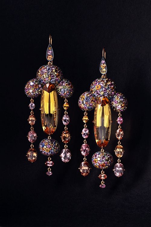 David Michael earrings with yellow beryl and multicolored sapphires. 