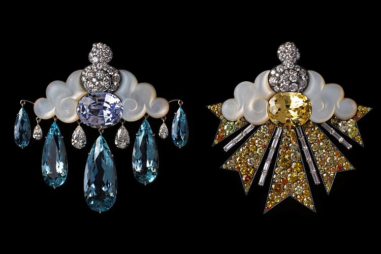 David Michael Rain or Shine earrings set with sapphires, aquamarines, mother-of-pearl and diamonds. 