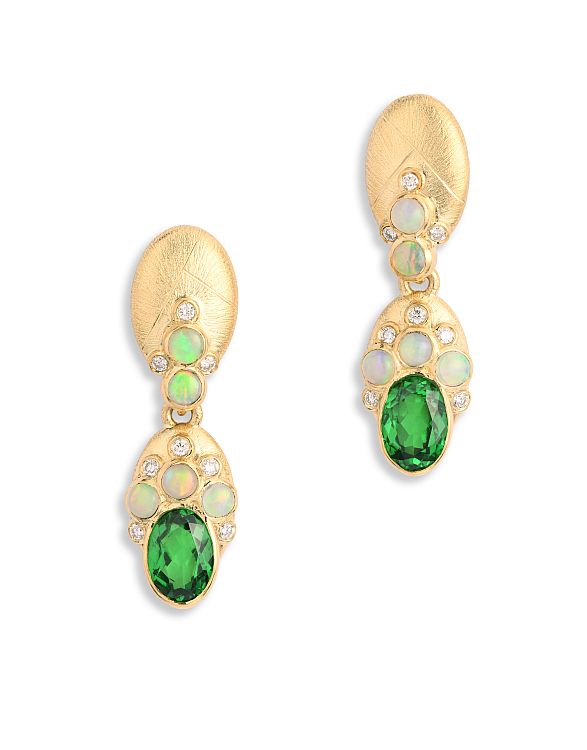 Adam Foster Collection earrings set with tsavorites, garnets, opals, and white diamond accents.