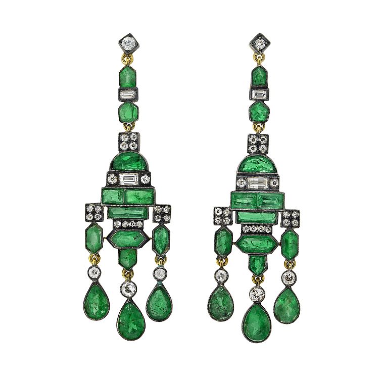 Edwardian Sterling/14kt Emerald + Diamond Chandelier Earrings A. Brandt & Son
