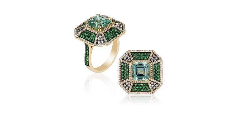 Goshwara Aqua Ring With Tsavorites & Diamonds in 18K Yellow Gold. Approx WT AQ-3.68cts TSAV-1.01cts. DIA-0.54cts. from the ‘G-One’ Collection. 
