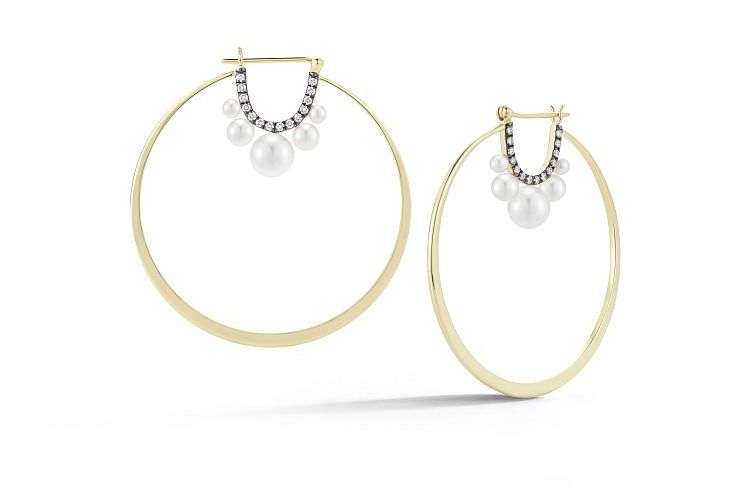 Jemma Wynne. Prive earrings in 18-karat gold with rhodium-blackened inner hoops, featuring diamonds and freshwater pearls. 