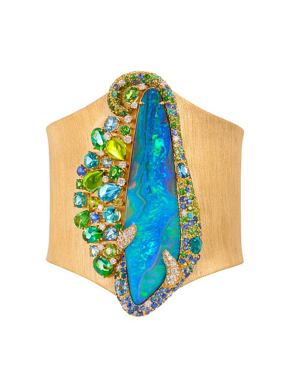 Margot McKinney gold cuff-Australian boulder opal-diamonds-sapphires-tsavorites-peridots-aquamarine-tourmaline and pariaba tourmaline