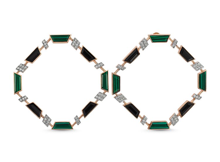 Melis Goral Deep Space earrings with malachite, onyx and diamonds in 14-karat gold. 