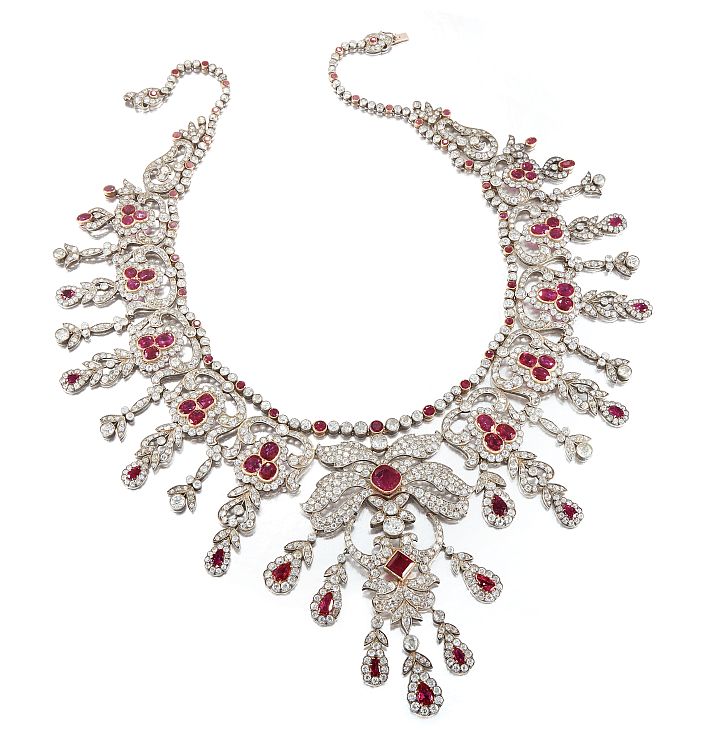 Indian necklace set with approximately 100 carats of Burmese rubies and 100 carats of diamonds. Image: Joseph Saidian & Sons. 