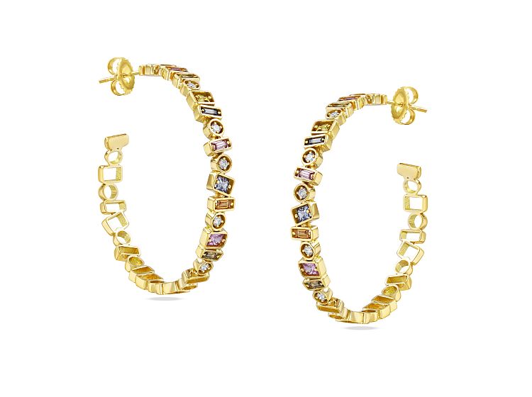 Suzanne Kalan Inlay hoops in 18-karat gold with white diamonds and colored sapphires in a mix of cuts.