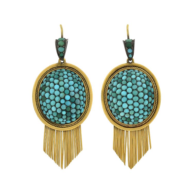 Victorian Pavé Persian Turquoise Gold Fringe Earrings A. Brandt & Son