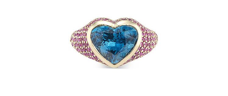 Kendra Pariseault Love One Another ring in 14-karat gold set with a heart-shaped, 4.65-carat blue zircon and 1.25 carats of pink sapphires. 