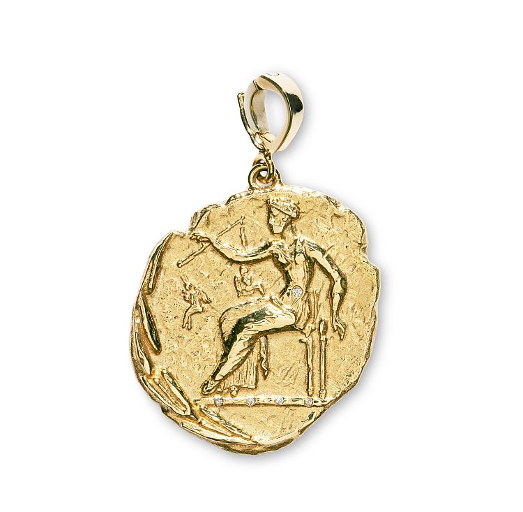 Azlee Aphrodite charm in 18-karat gold and diamonds, depicting the Greek goddess of love
holding a scale with two winged Erotes.