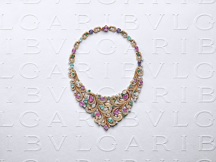 Bulgari Lady Arabesque necklace from the Barocko collection with fancy pink sapphires and Paraiba tourmalines.