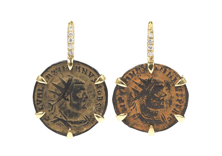 Dubini Maximian earrings in 18-karat gold and diamonds, with authentic Roman Imperial coins from circa 286 to 295 CE.