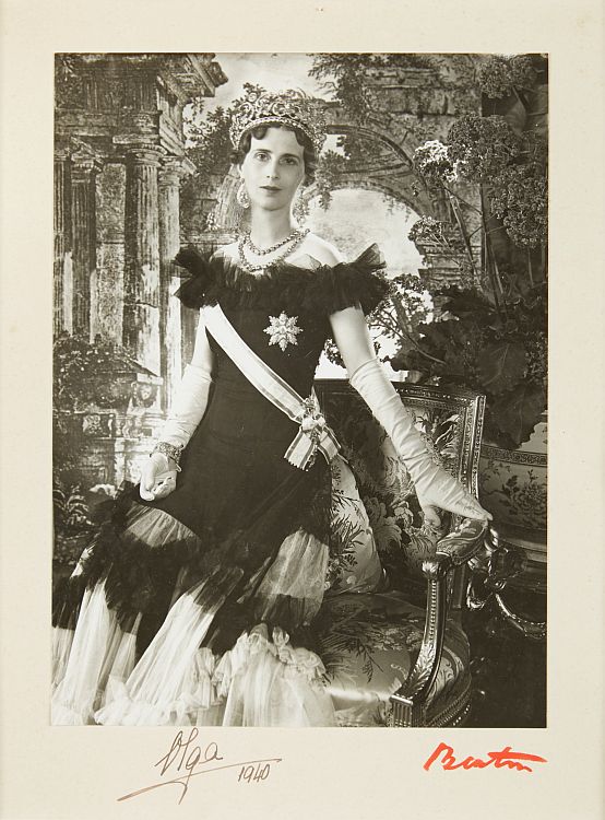 Princess Olga photographed by Cecil Beaton, signed and dated 1940. She is wearing Boucheron’s glittering diamond tiara featuring diamond swags culminating in a large diamond centerpiece. This spectacular piece was executed in 1907 for Princess Maria Pavlovna Abamelek-Lazarev. Image: Collection of Prince Dimitri. 