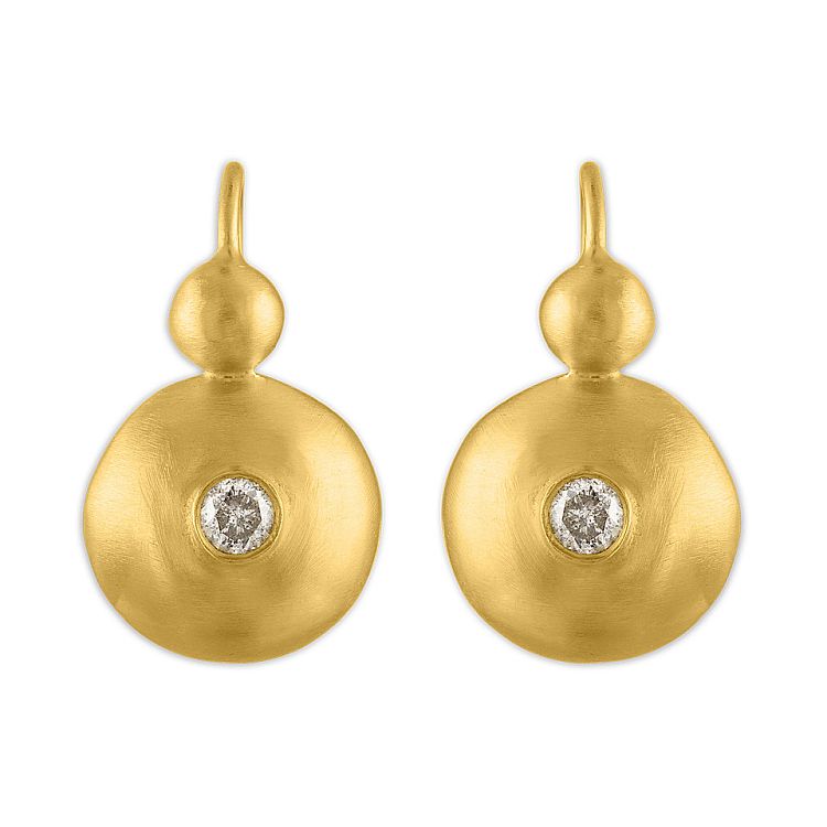 Prounis Bulla earrings in 22-karat gold and diamonds, inspired by a traditional Roman amulet.