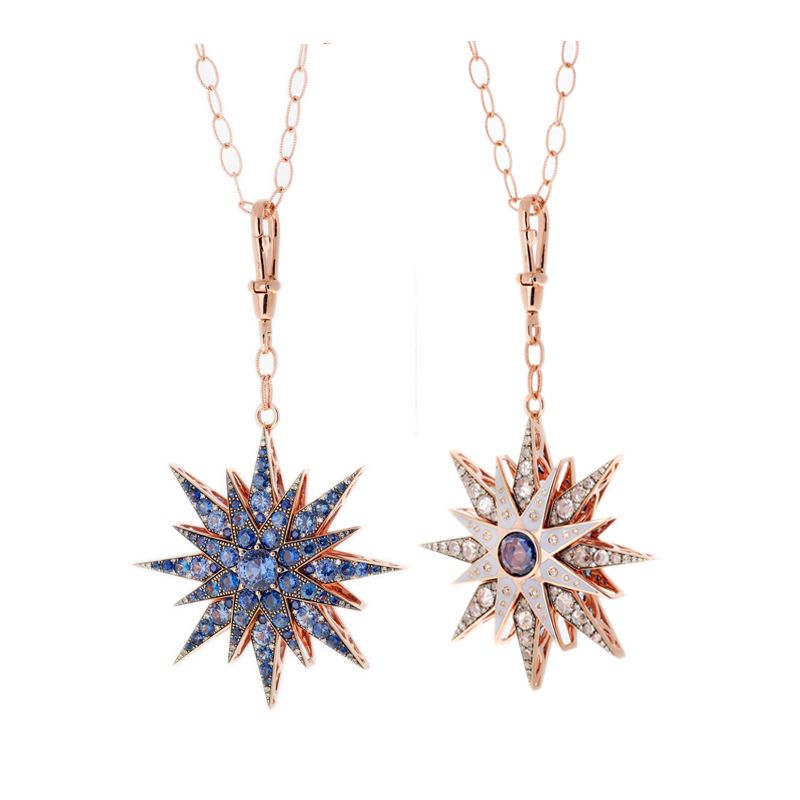 Selim Mouzannar Istanbul pendant in 18-karat pink gold and lilac enamel, set with 9.71 carats of blue sapphires and 5.41 carats of diamonds. 