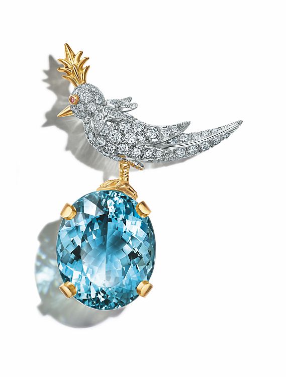 Tiffany & Co. Schlumberger Bird on a Rock clip in diamonds with oval aquamarine.