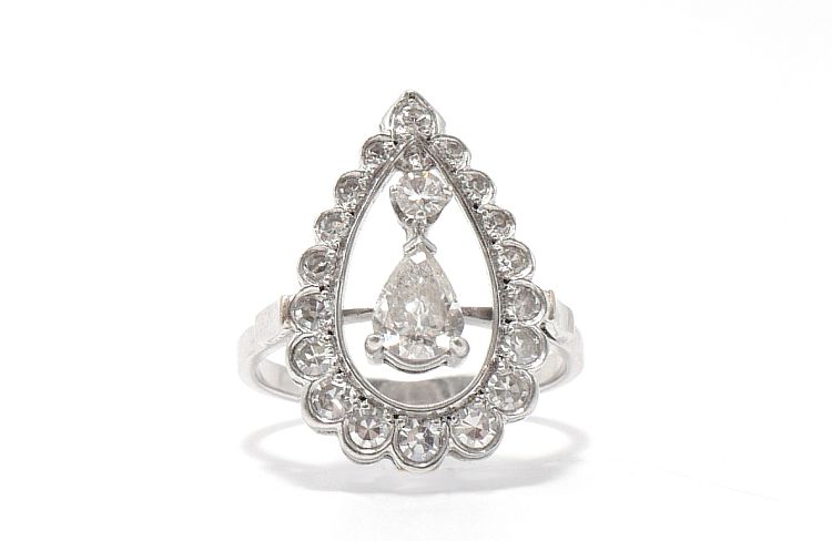 Ashley Zhang 14-karat white gold Zara ring ring, made from an Art Deco era pin, set with a 0.33-carat antique pear cut diamond, and diamonds. 